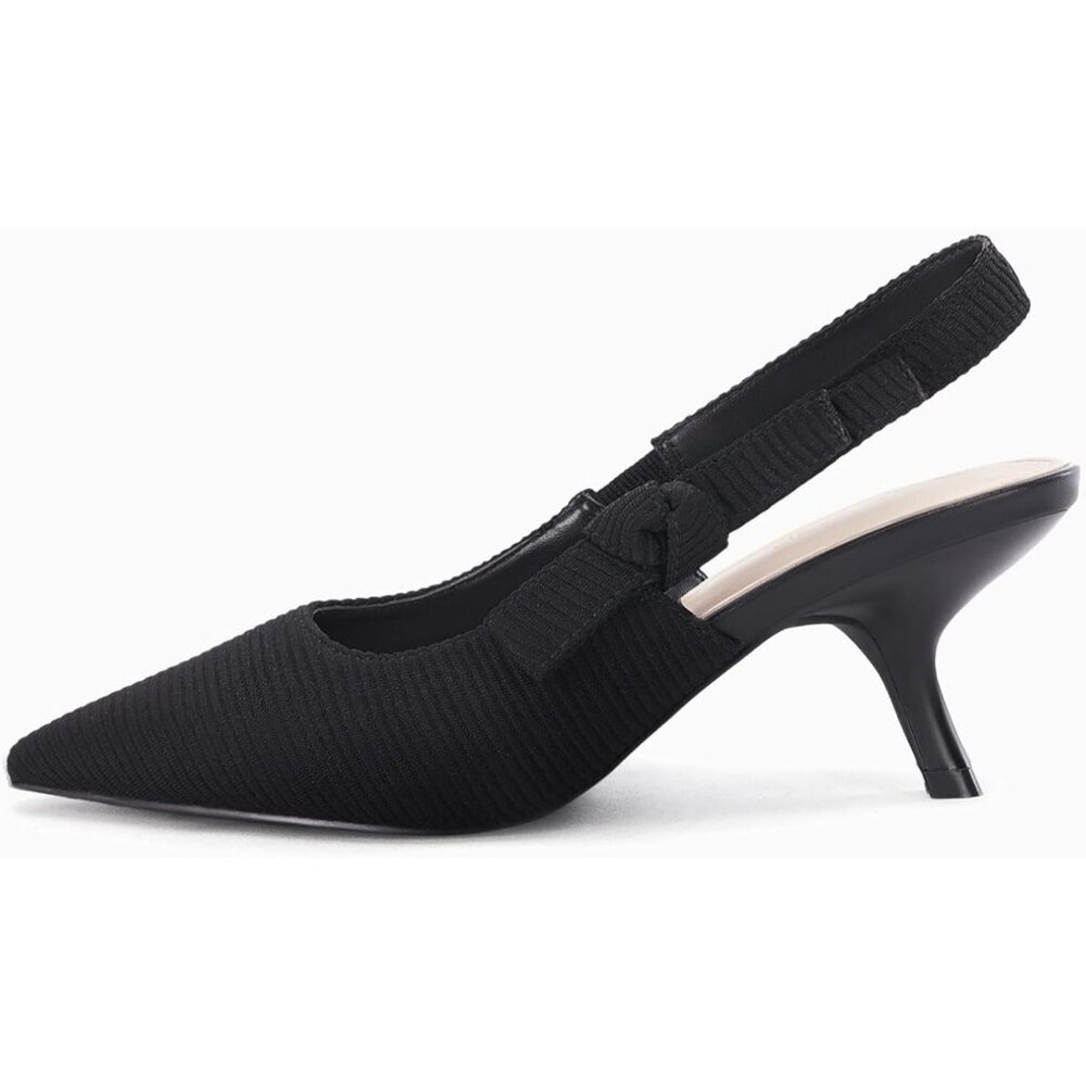 Women's Black Fabric Slingback Closed Pointed Toe Slip On Bowknot Knitted Heels - Picture 4 of 5